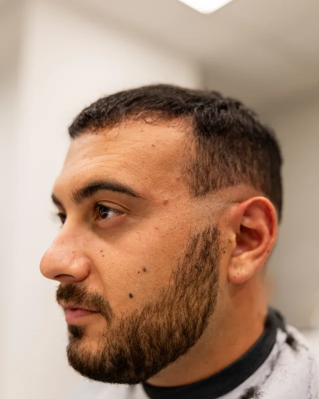 Il risultato finale: taglio e barba rifiniti, visti di profilo